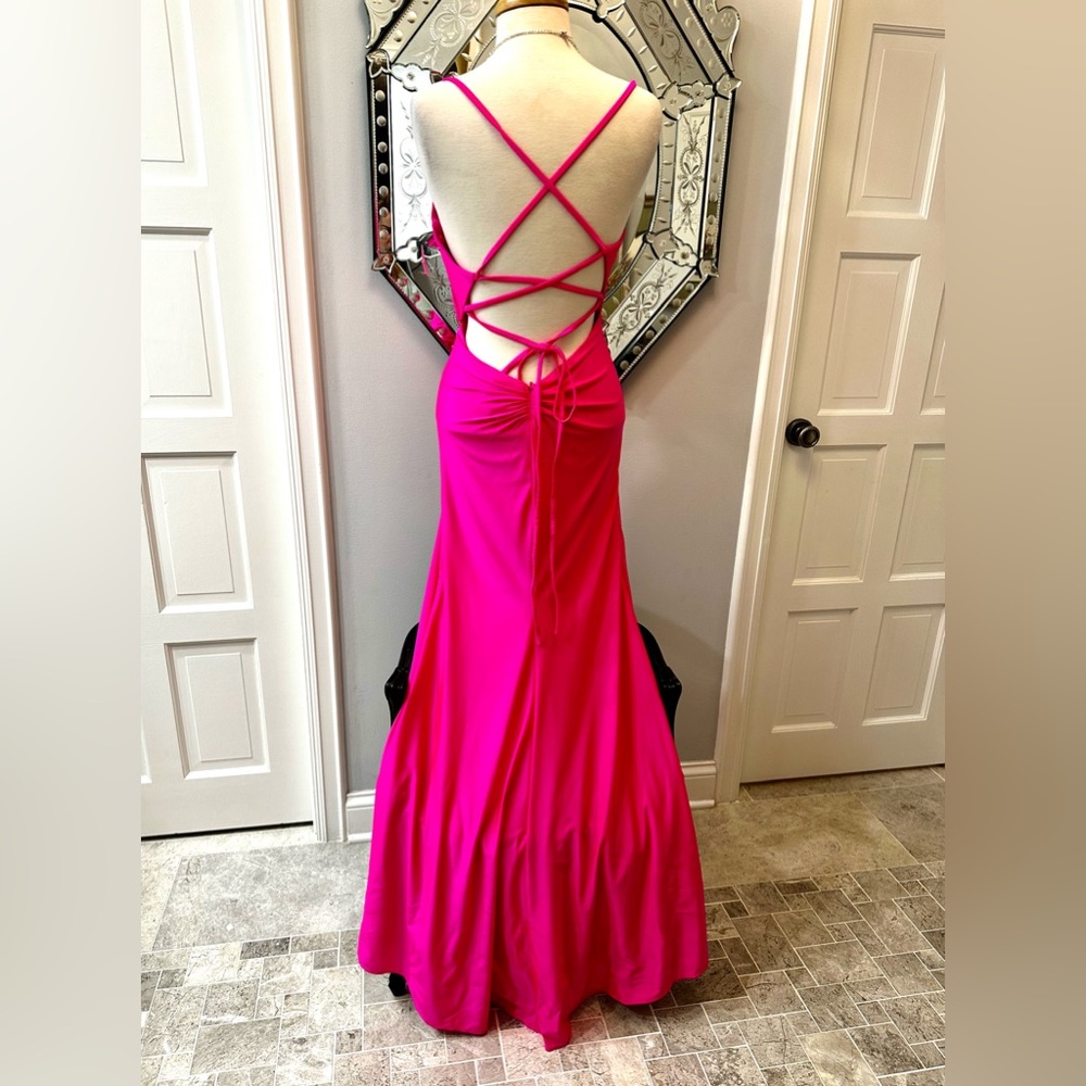 New La Femme Hot Pink Cut Out Cocktail Prom Gala Wedding Party Hi Slit Gown - Picture 16 of 17
